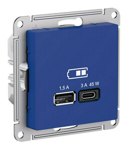 Розетка USB+USB type C Systeme Electric ATLASDESIGN, скрытый монтаж, аквамарин, ATN001129